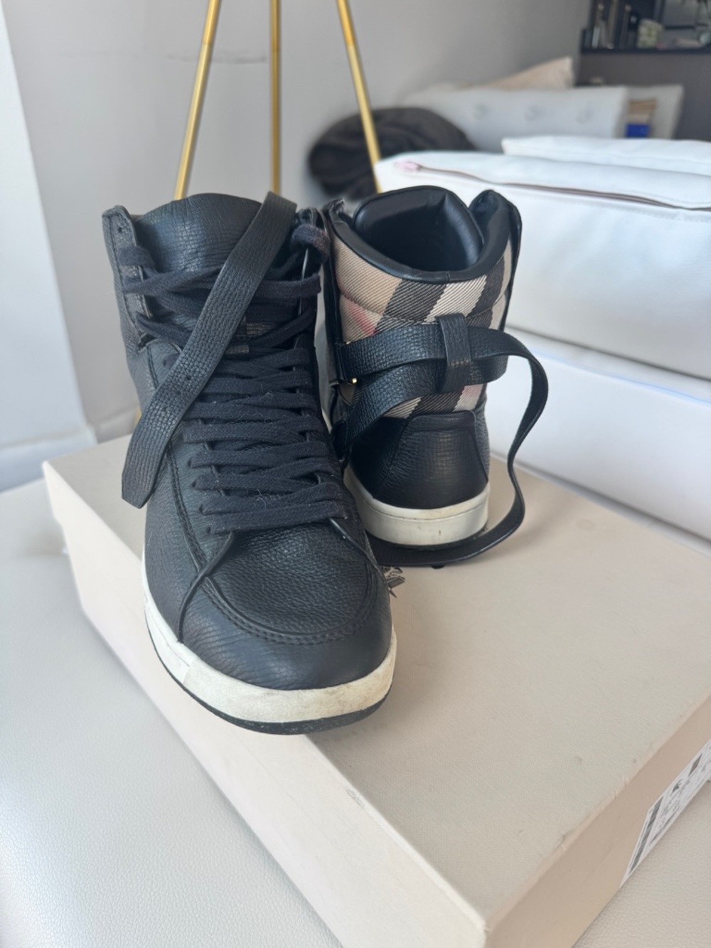 Burberry Black Leather High-Top Sneakers with Signature Check Accent - Picture 2 of 6